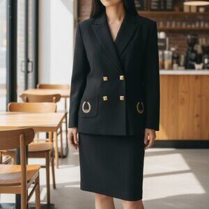 Vintage Ivana Black Double-breasted Skirt Blazer Suit Gold-tone buttons Size 12